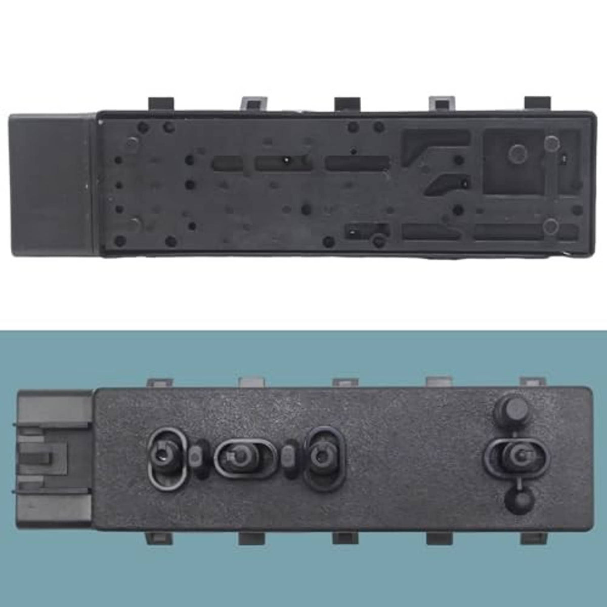 Power seat switch control module rear view with mounting holes and connector terminals