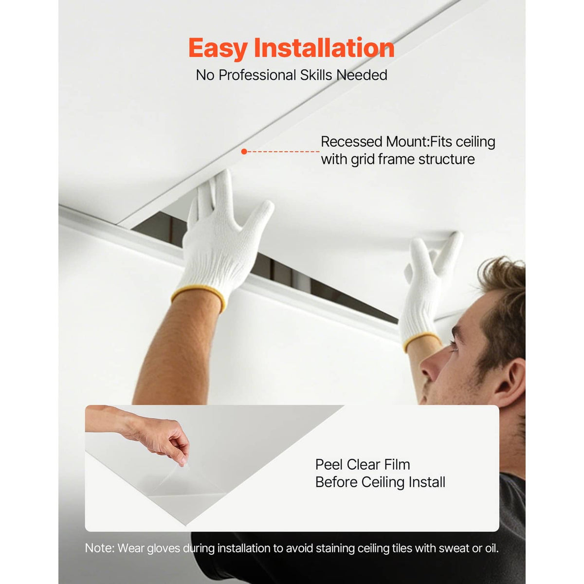White PVC drop ceiling tile panel for recessed mount with grid frame.