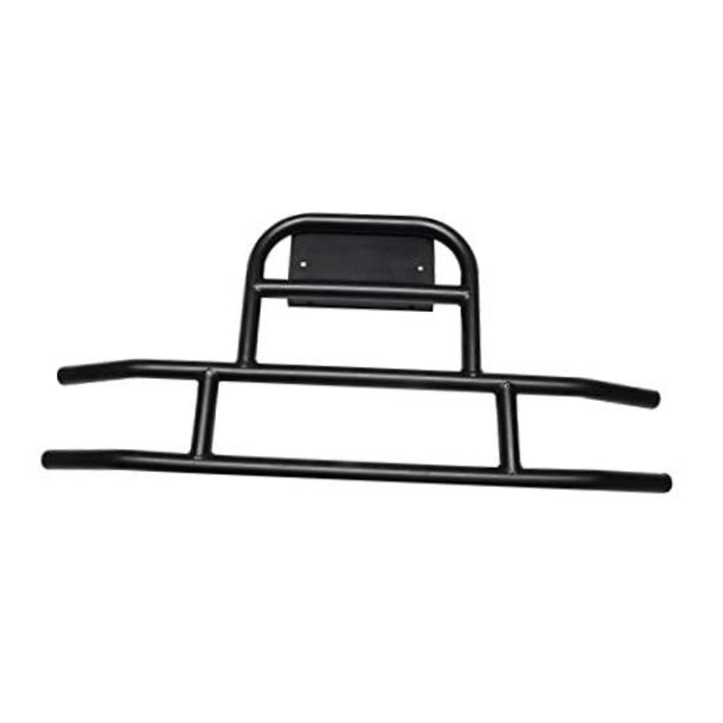 Black golf cart front bumper brush guard with curved bull bar and center mounting plate.