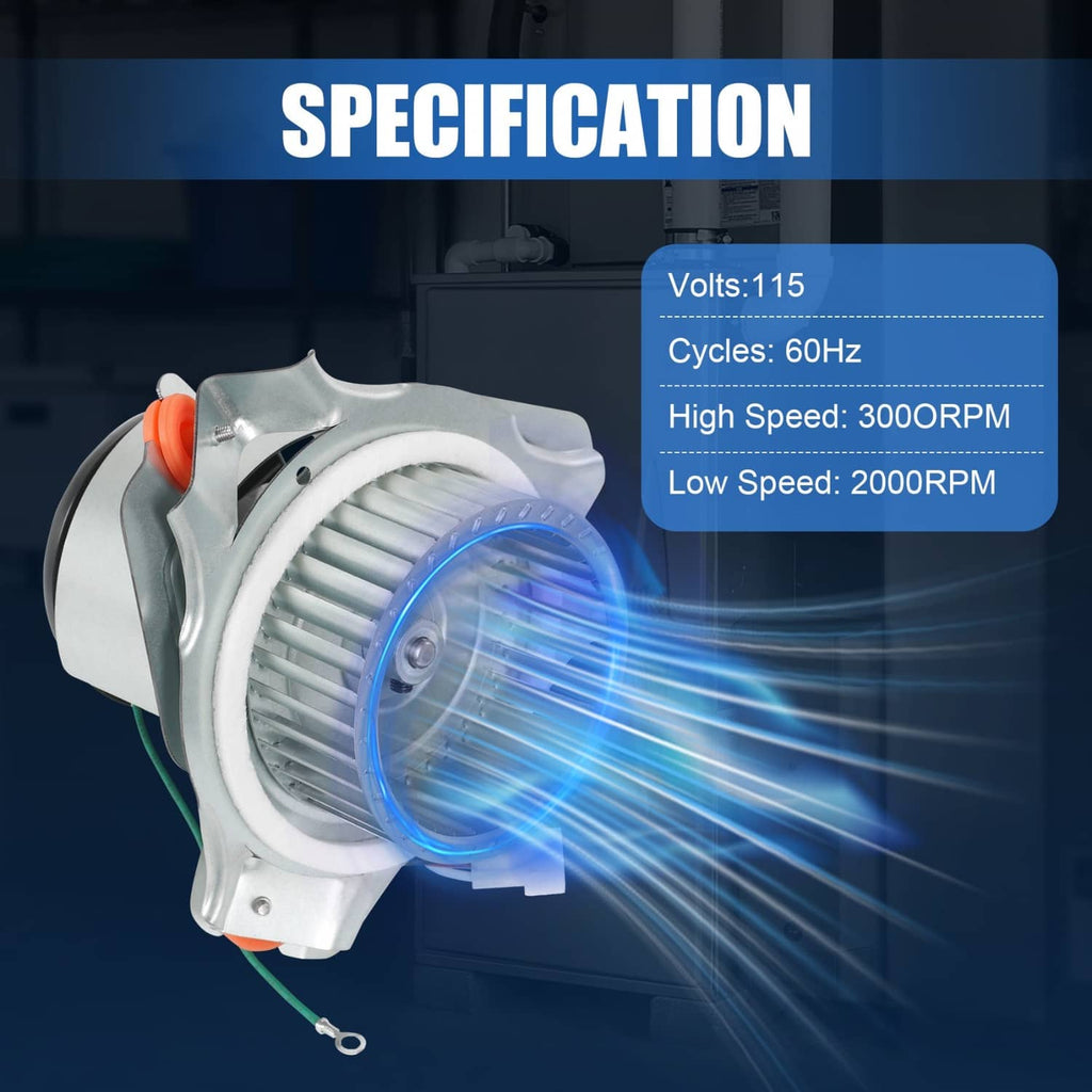 Draft inducer motor assembly showing vented blower wheel, aluminum housing, electrical wires