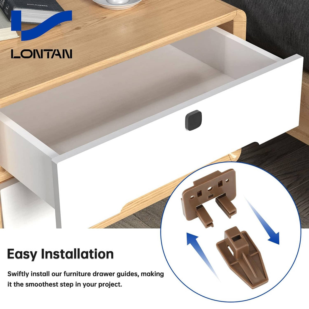 Brown plastic drawer slide guide, close-up of the mounting hardware for smooth motion