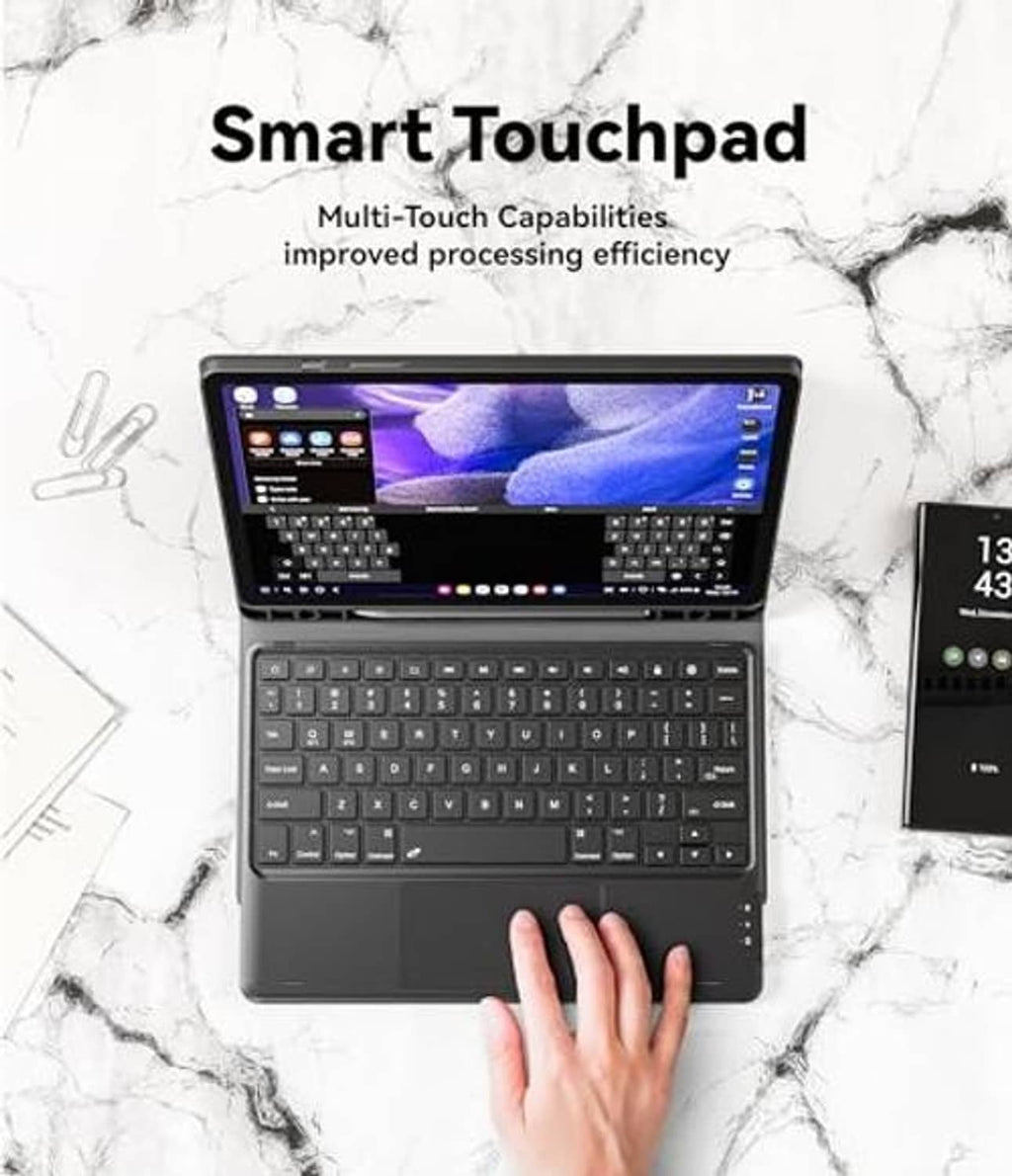 Black keyboard case with full-size keyboard layout and touchpad on tabletop