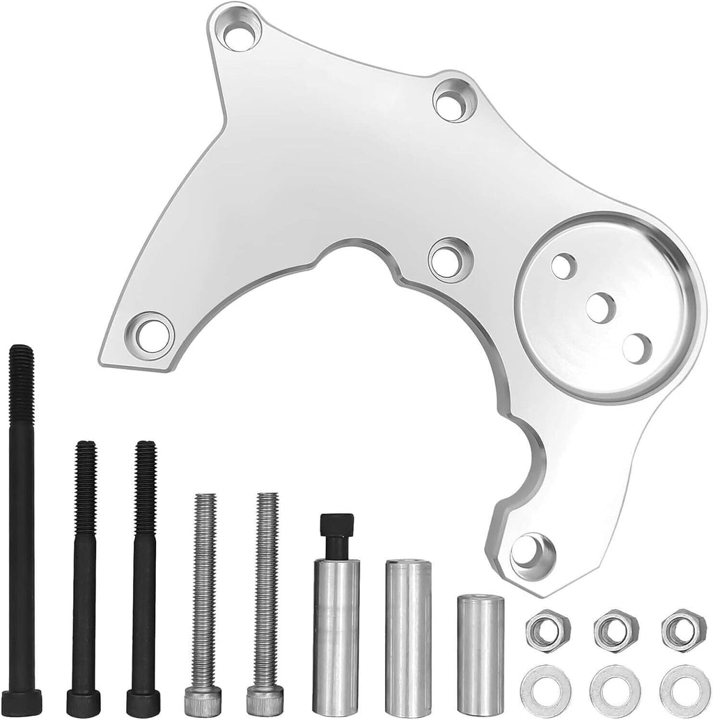 Silver A/C high-mount bracket plate with mounting bolts, washers, and nuts