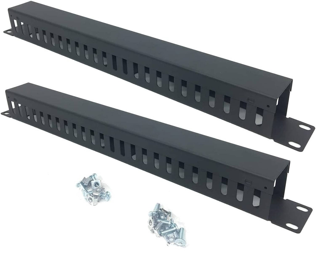 Black 1U cable manager, 19 in, vented finger slots with mounting holes