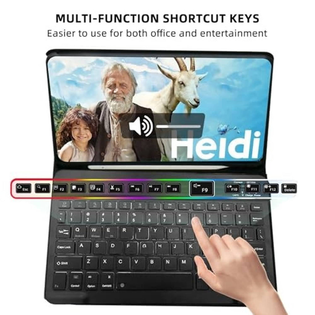 Tablet keyboard case with multi-function shortcut keys and backlit keys, hand typing