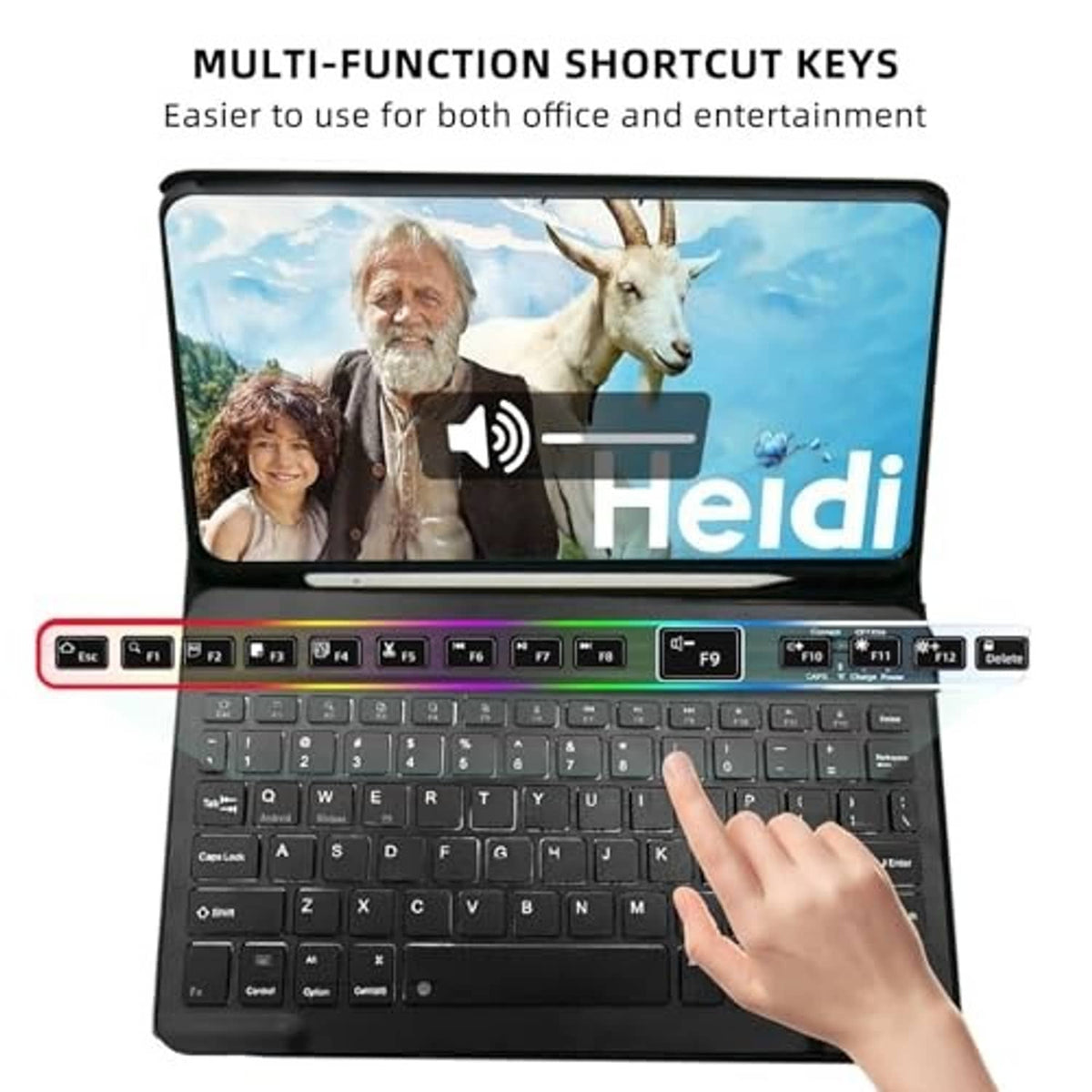 Tablet keyboard case with multi-function shortcut keys and backlit keys, hand typing