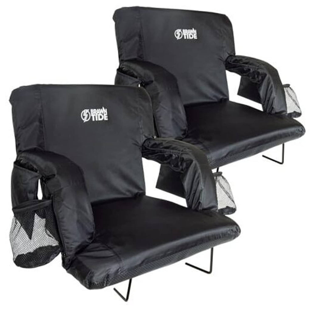 Two black wide stadium seats with back support and armrests, set of two