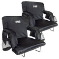Two black wide stadium seats with back support and armrests, set of two