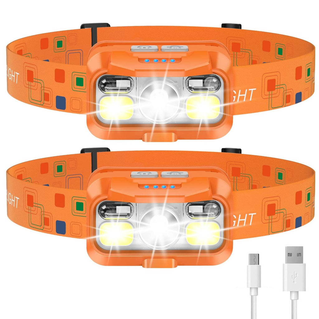Two orange rechargeable headlamps with three LEDs and included USB charging cables