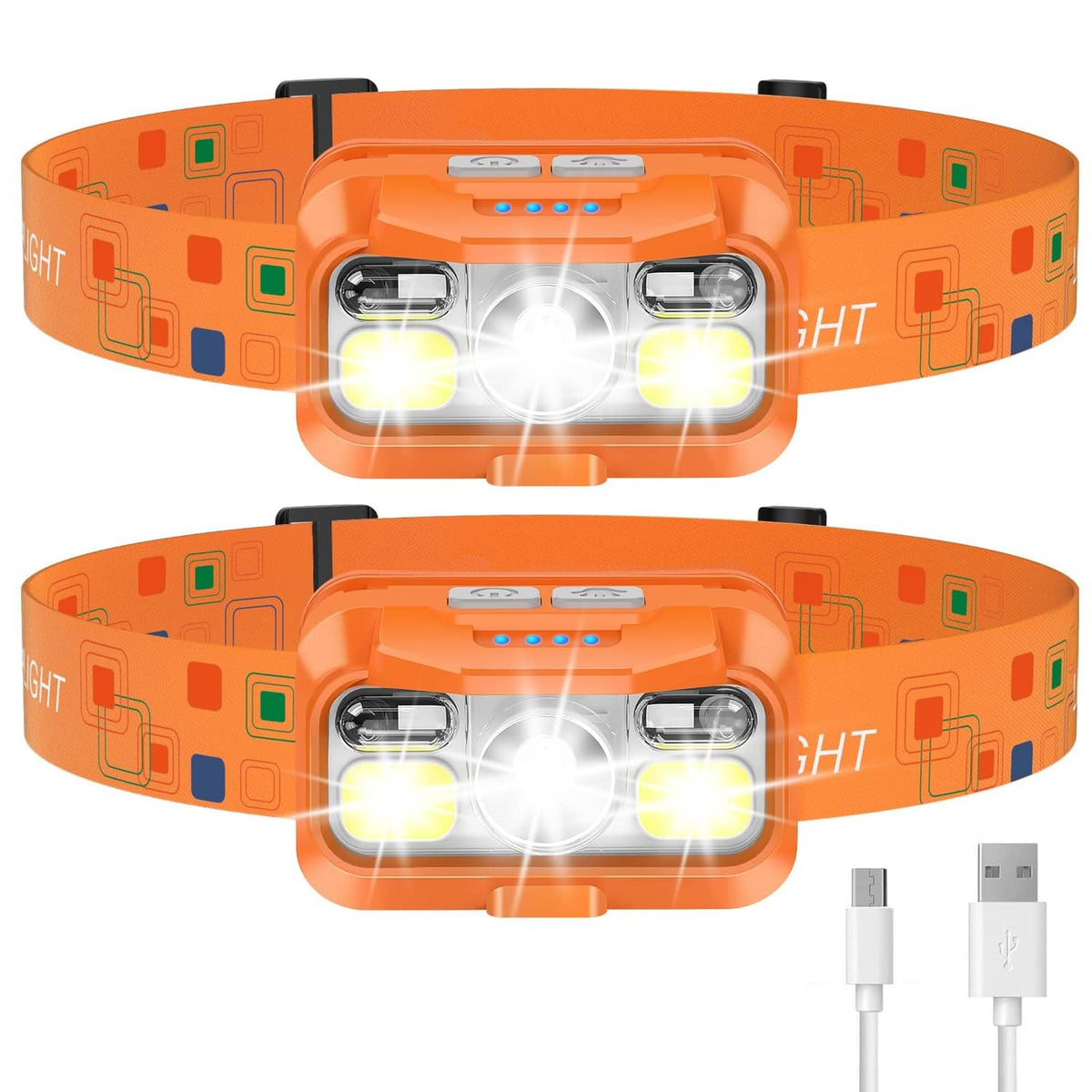 Two orange rechargeable headlamps with three LEDs and included USB charging cables