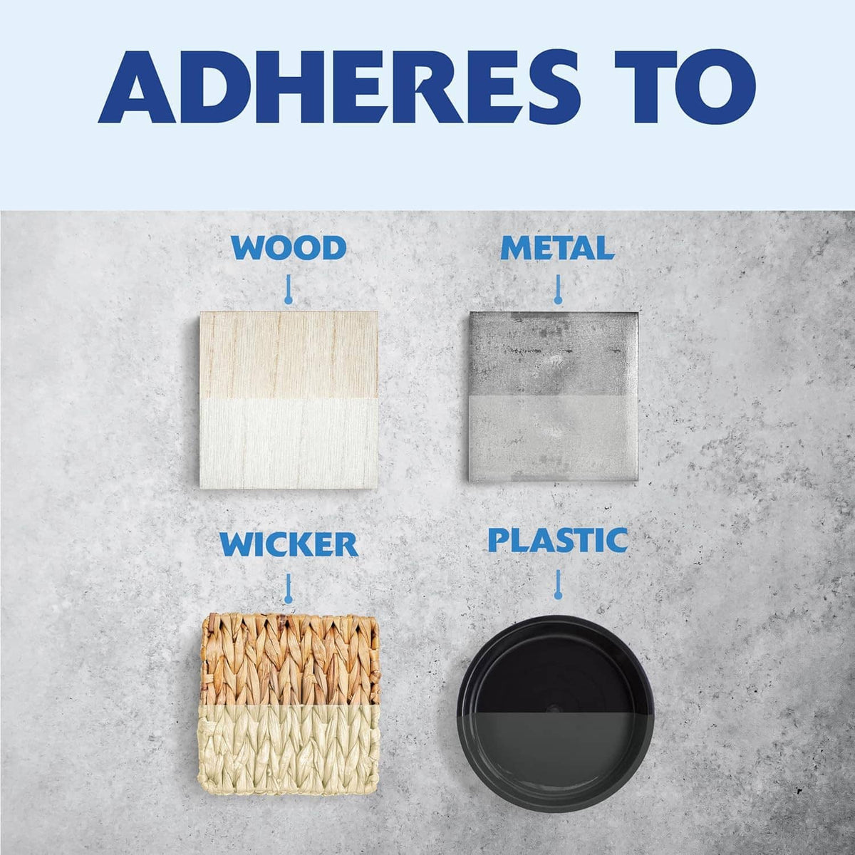Paint adhesion test samples on wood, metal, wicker, and plastic surfaces