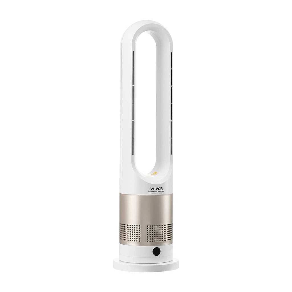 Uimoso bladeless tower fan heater front view, white body and oval outlet