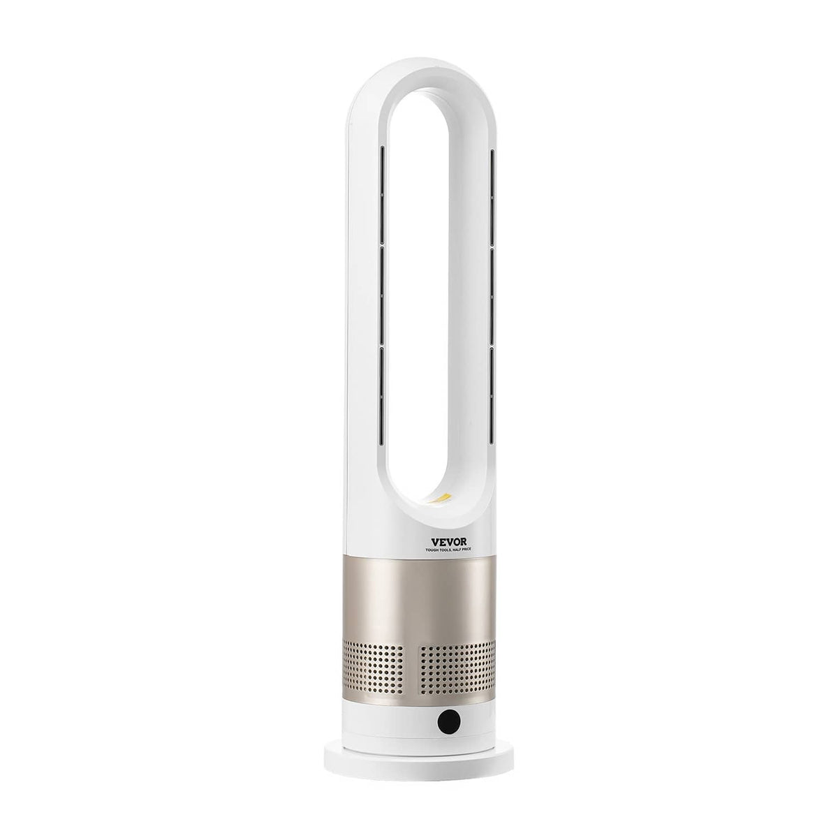 Uimoso bladeless tower fan heater front view, white body and oval outlet