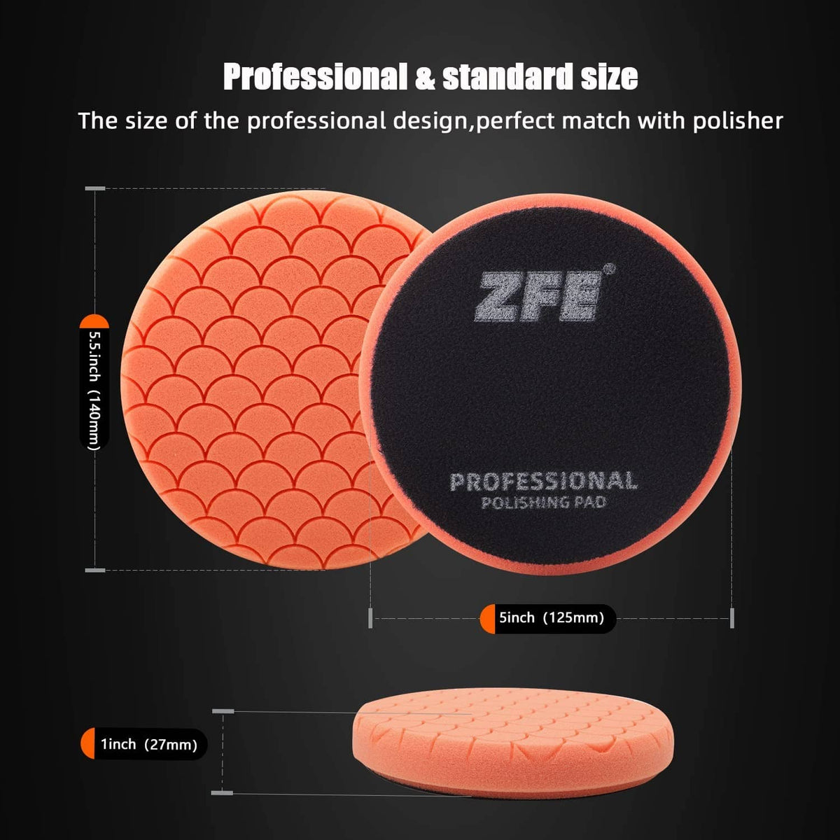 Round orange polishing pad with black backing, shown with size guide