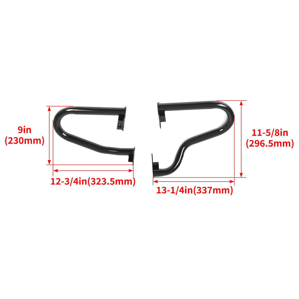 Black motorcycle crash bar set with side rails and bracket tabs; size diagram overlay