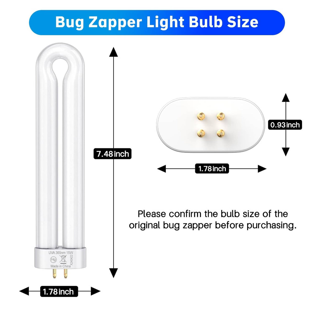 Bug zapper replacement bulb size guide: clear tube with two gold connector pins