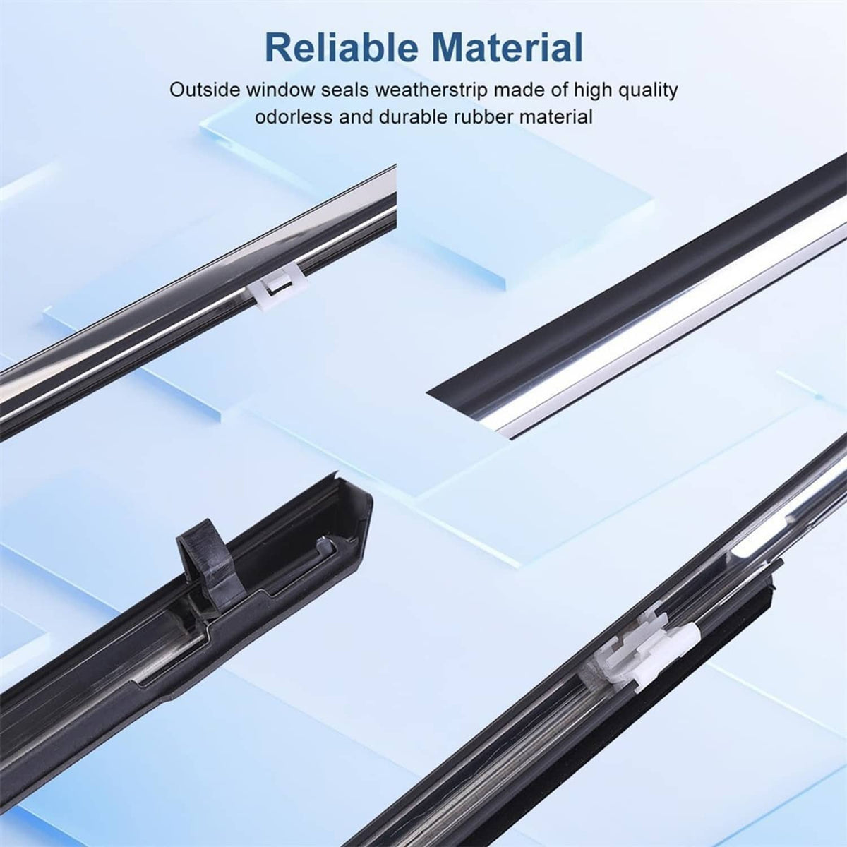 Window weather strip seal trim, black rubber seal in mounting channel with clips