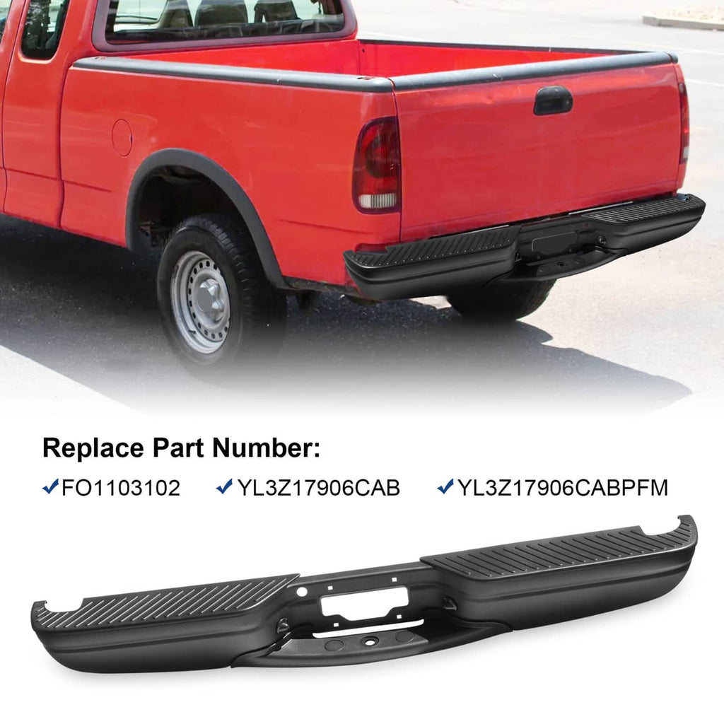 Black rear step bumper installed on pickup truck with textured step cover