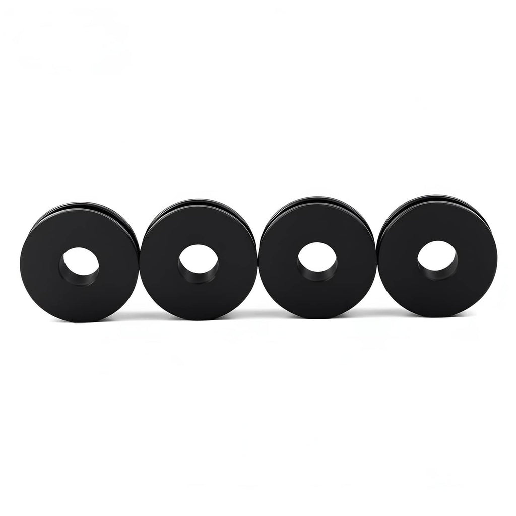 Black windshield bushing grommets, four front-facing rings with center holes