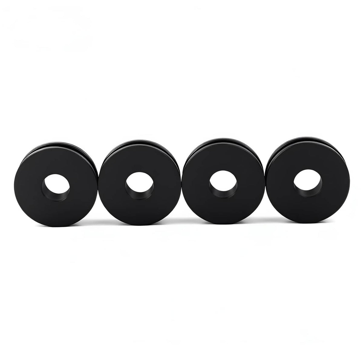Black windshield bushing grommets, four front-facing rings with center holes