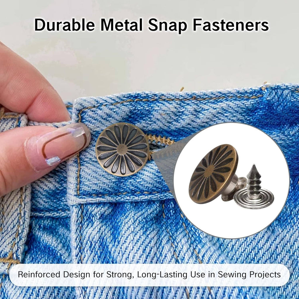 Bronze metal snap fastener on denim with matching backing nail and head