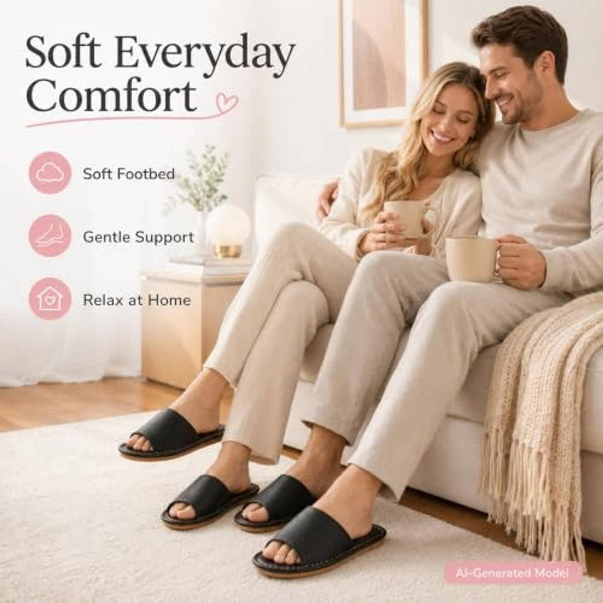 Pair of black open-toe slide flat sandals on bare feet for indoor home wear.