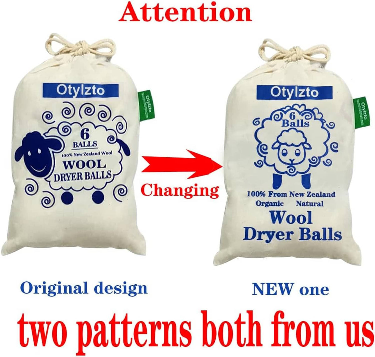 Two Otylzto wool dryer ball packs showing old vs new design, 6 balls each