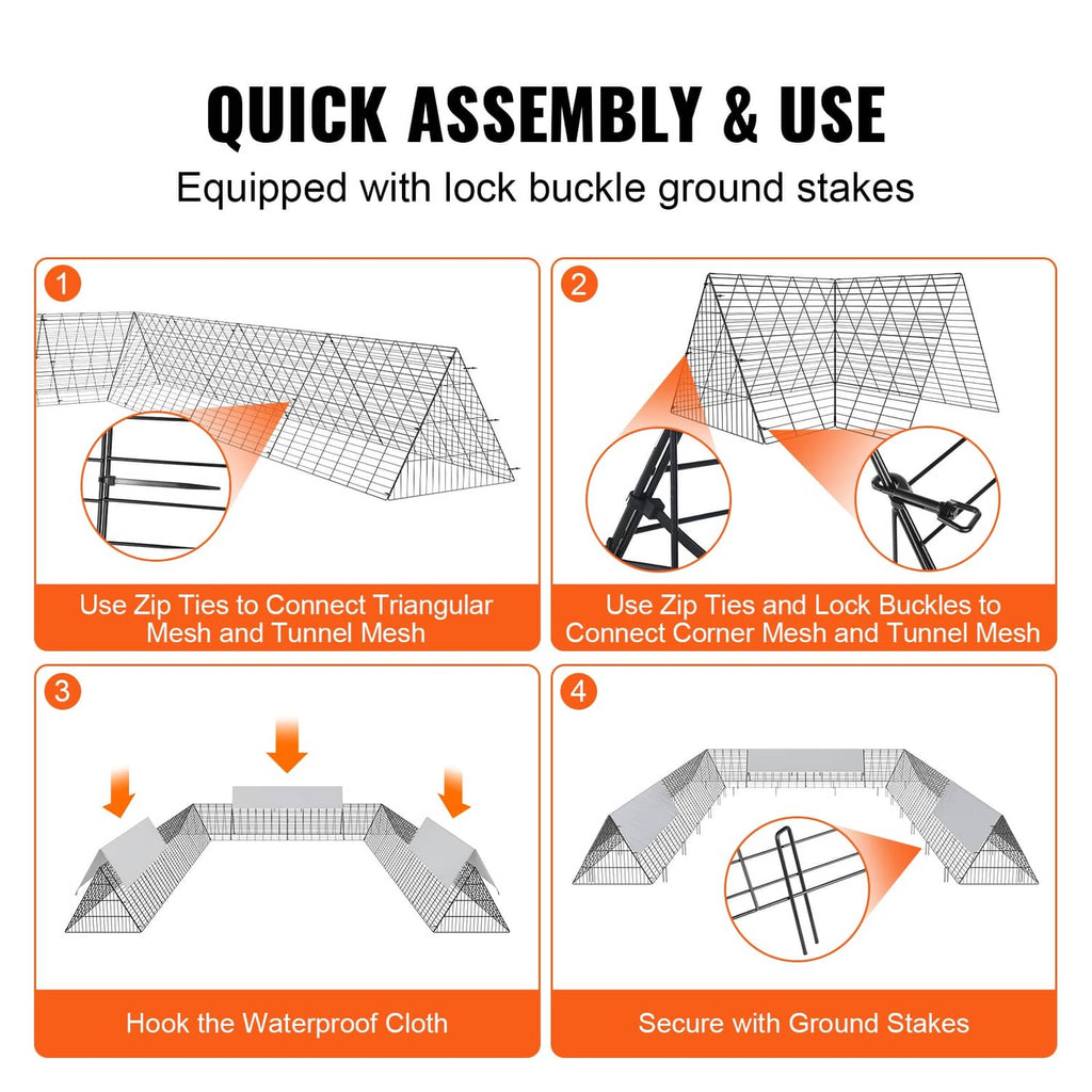Chicken tunnel assembly steps with wire mesh, zip ties, waterproof cover, and ground stakes