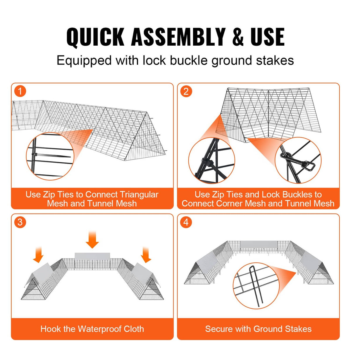 Chicken tunnel assembly steps with wire mesh, zip ties, waterproof cover, and ground stakes