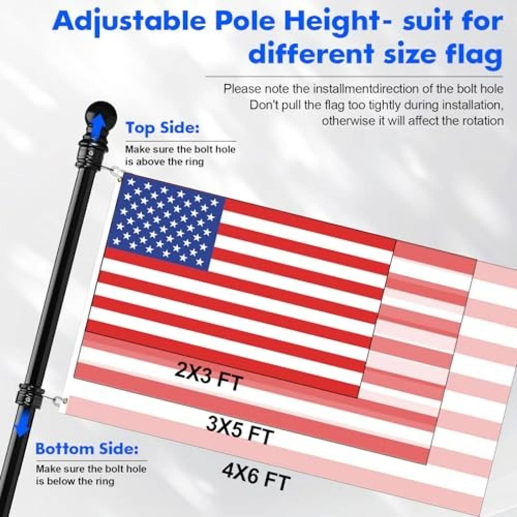 Black adjustable flag pole with mounting hardware for different flag sizes
