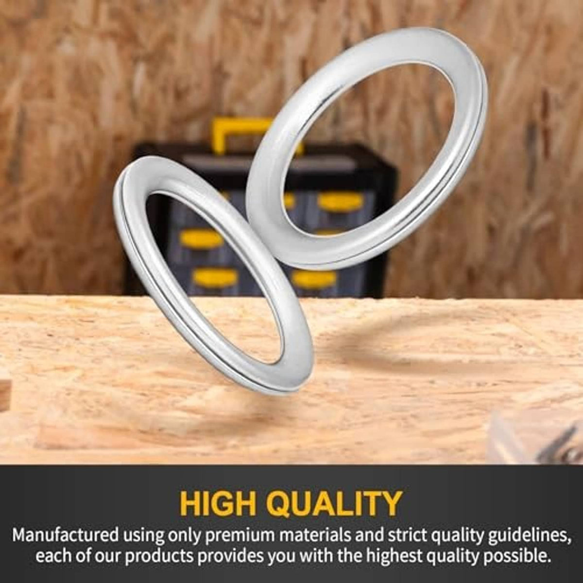Silver metal crush washer ring standing upright.
