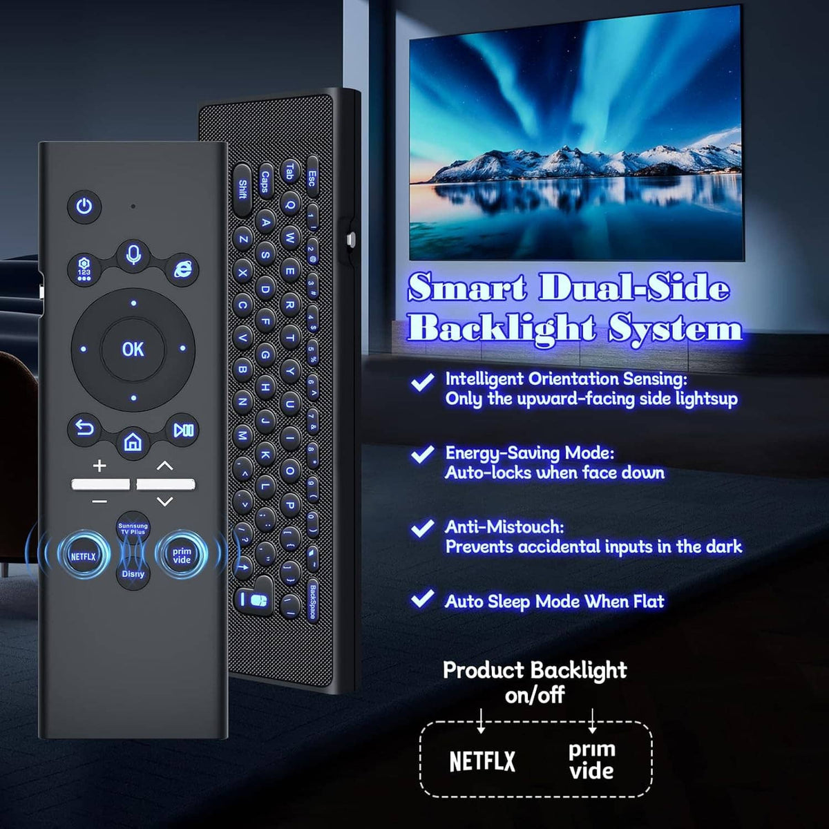 Backlit TV keyboard remote with compact design and key clusters on both sides