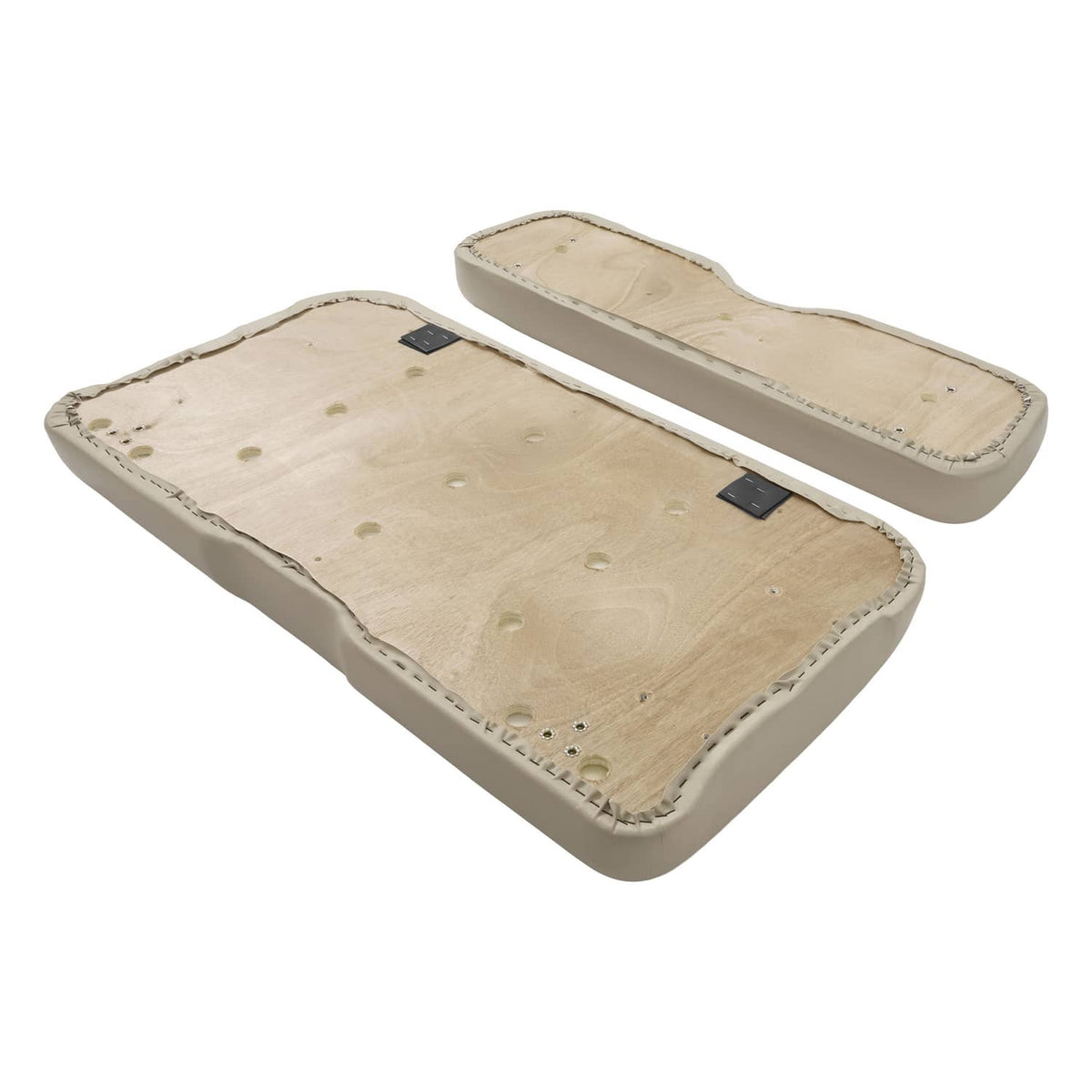 Stone front seat cushion pair with beige fabric underside and black mounting tabs