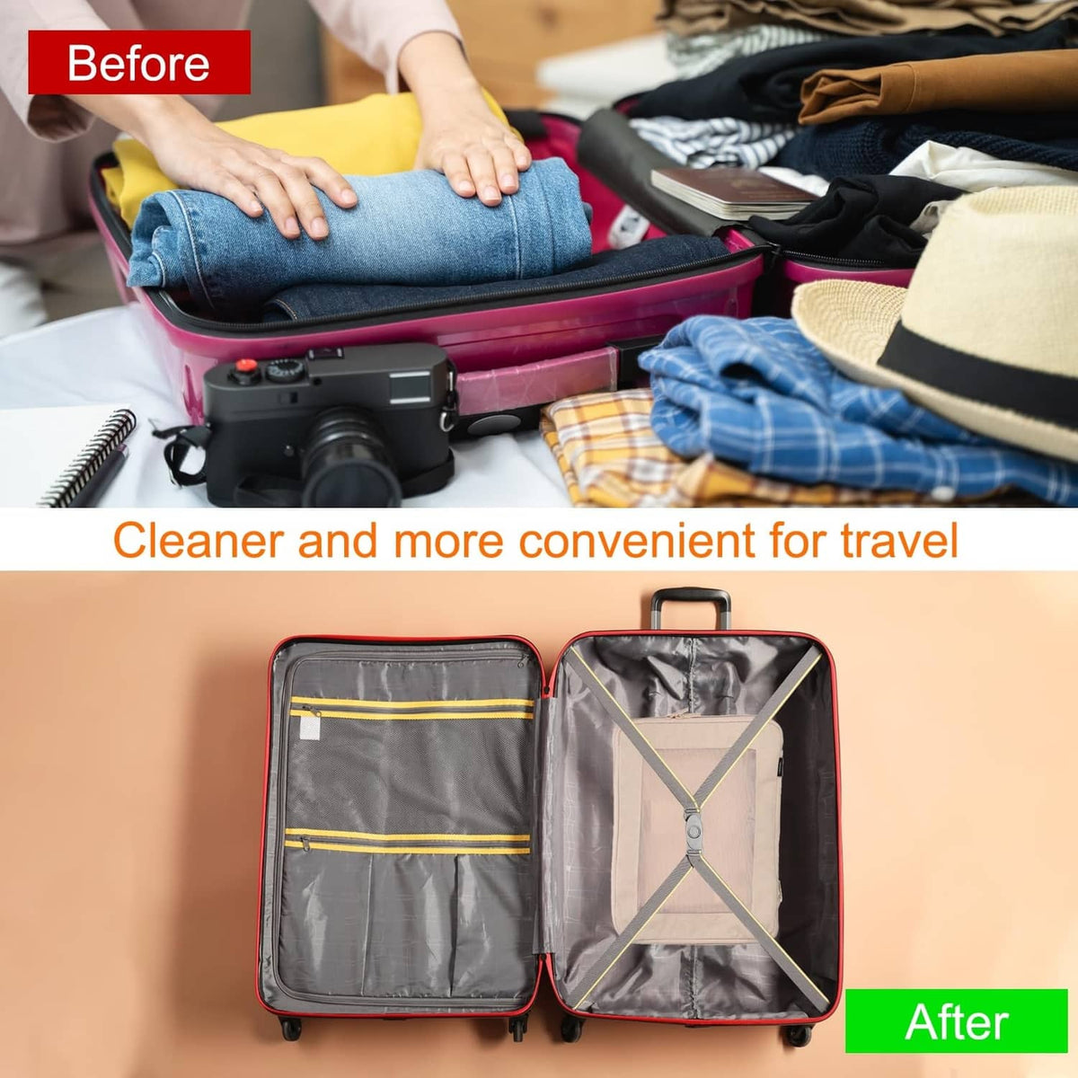 Beige compression packing cube organized inside a suitcase for travel