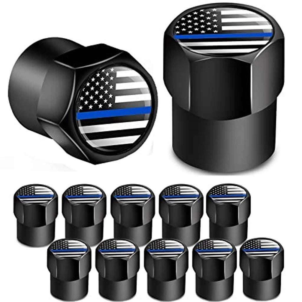 Mini black tire valve caps set with thin blue line flag design on the valve top