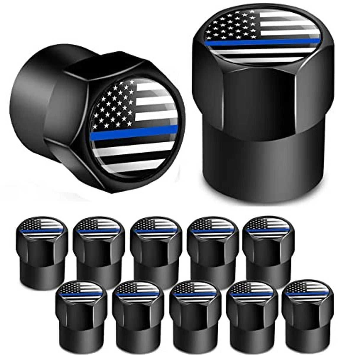 Mini black tire valve caps set with thin blue line flag design on the valve top
