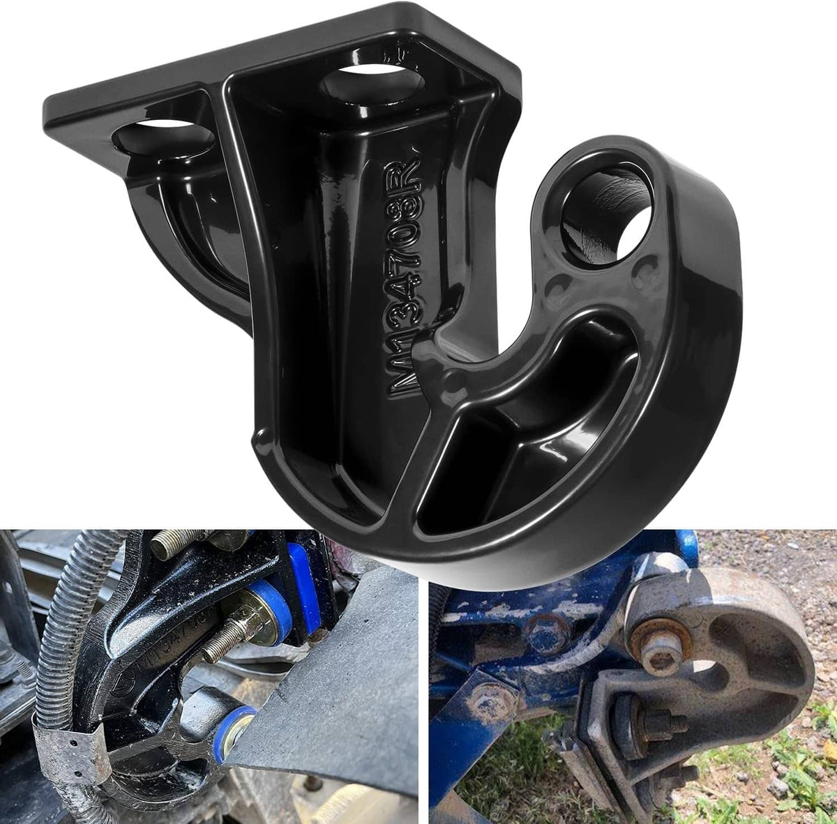 Black right-hand lower hood pivot bracket with mounting base, close-up on vehicle