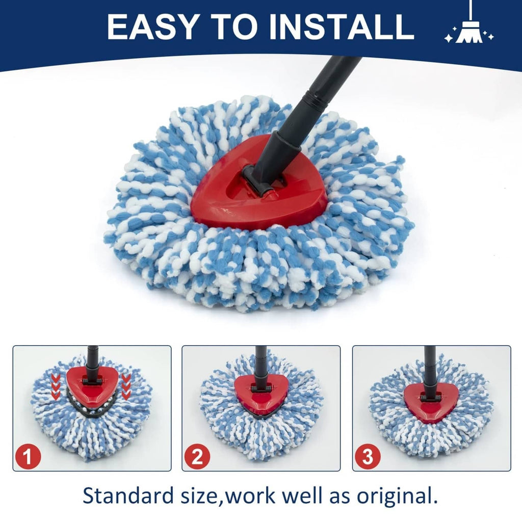 Red spin mop base with black pole attached to blue microfiber mop pad