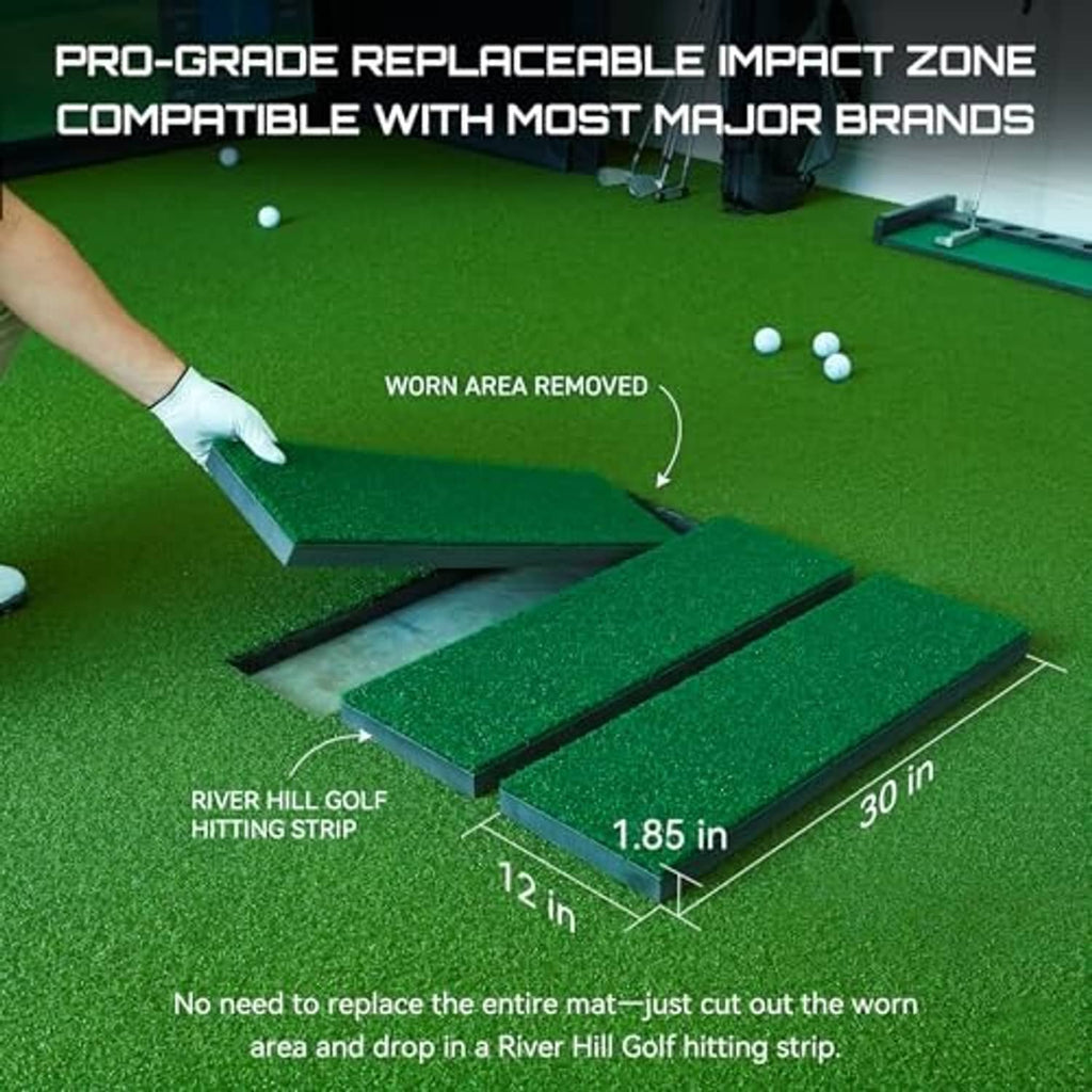 Green golf hitting strip with cutout impact zone section for replacement