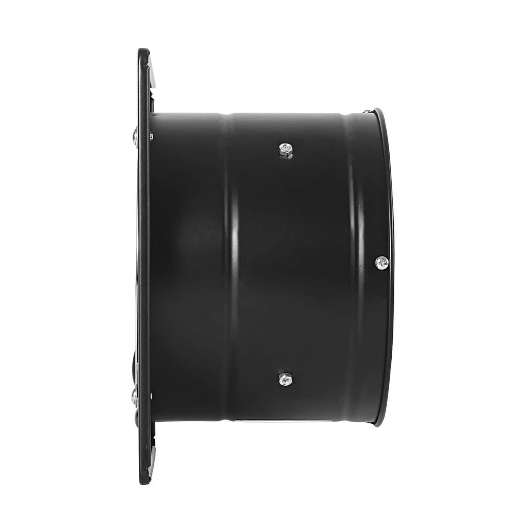 Wall-mounted ventilation fan housing with side flange and mounting holes, black metal