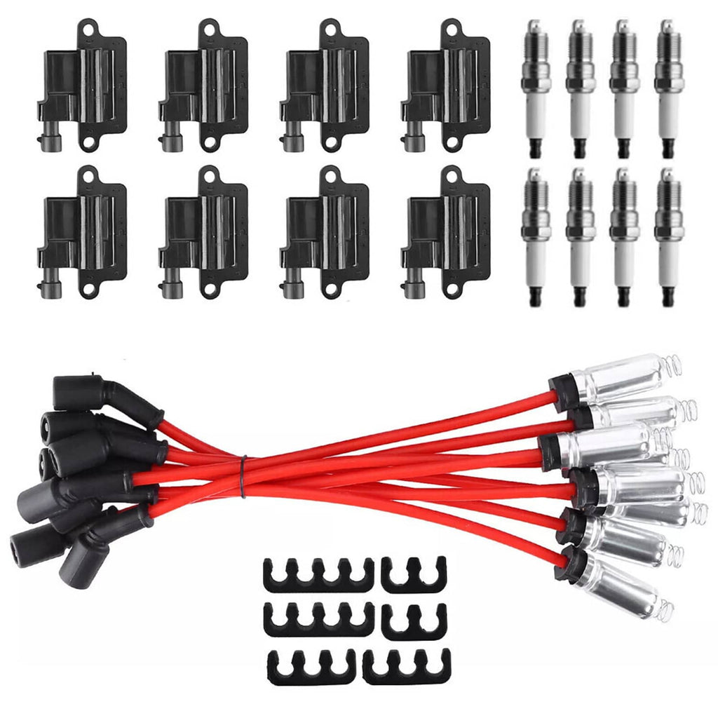 Ignition coil wire harness with red wires, black connectors, and spark plugs