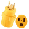 Yellow NEMA adapter plug with two flat prongs and grounding slot, black inserts