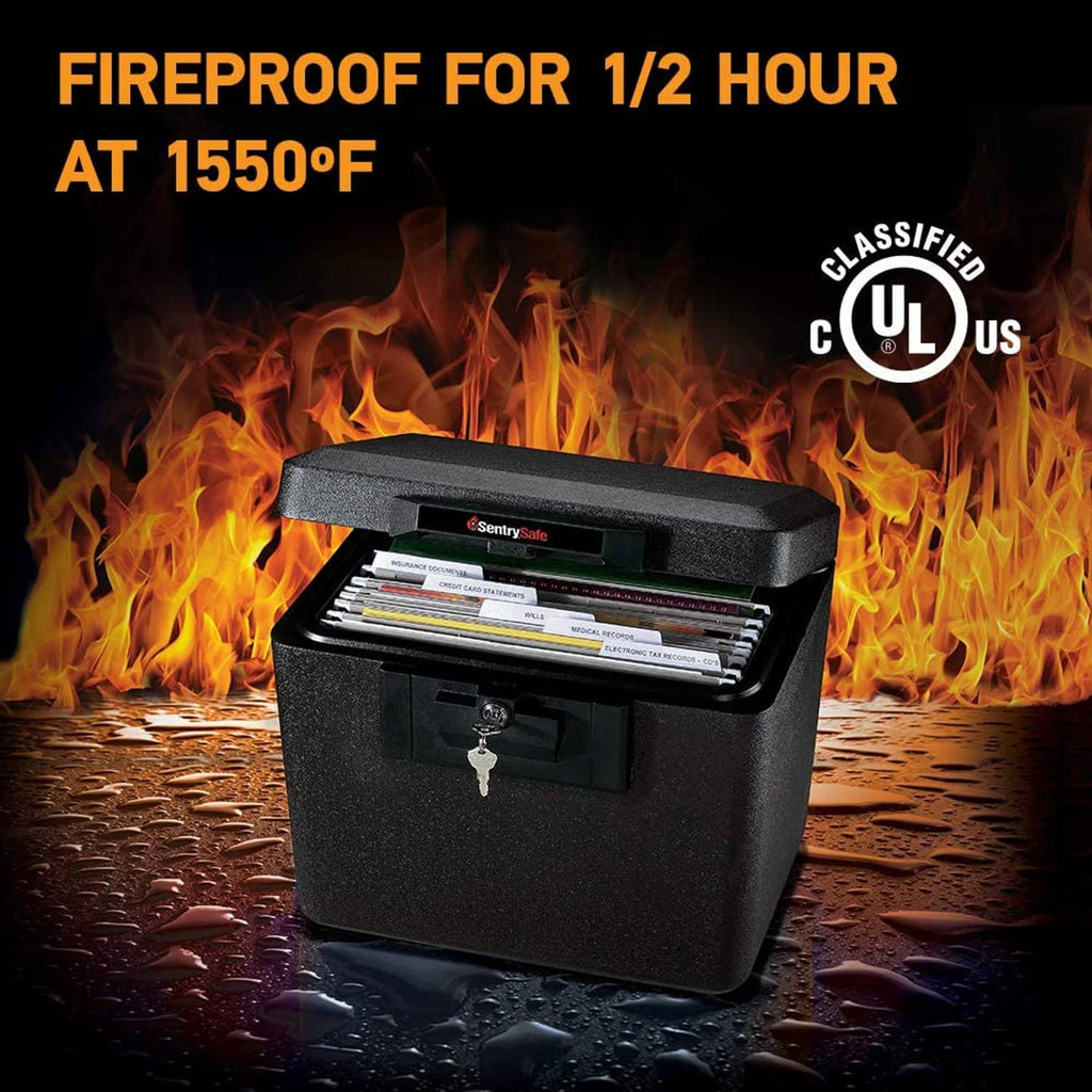 Black fireproof document safe with key lock, open drawer showing file papers