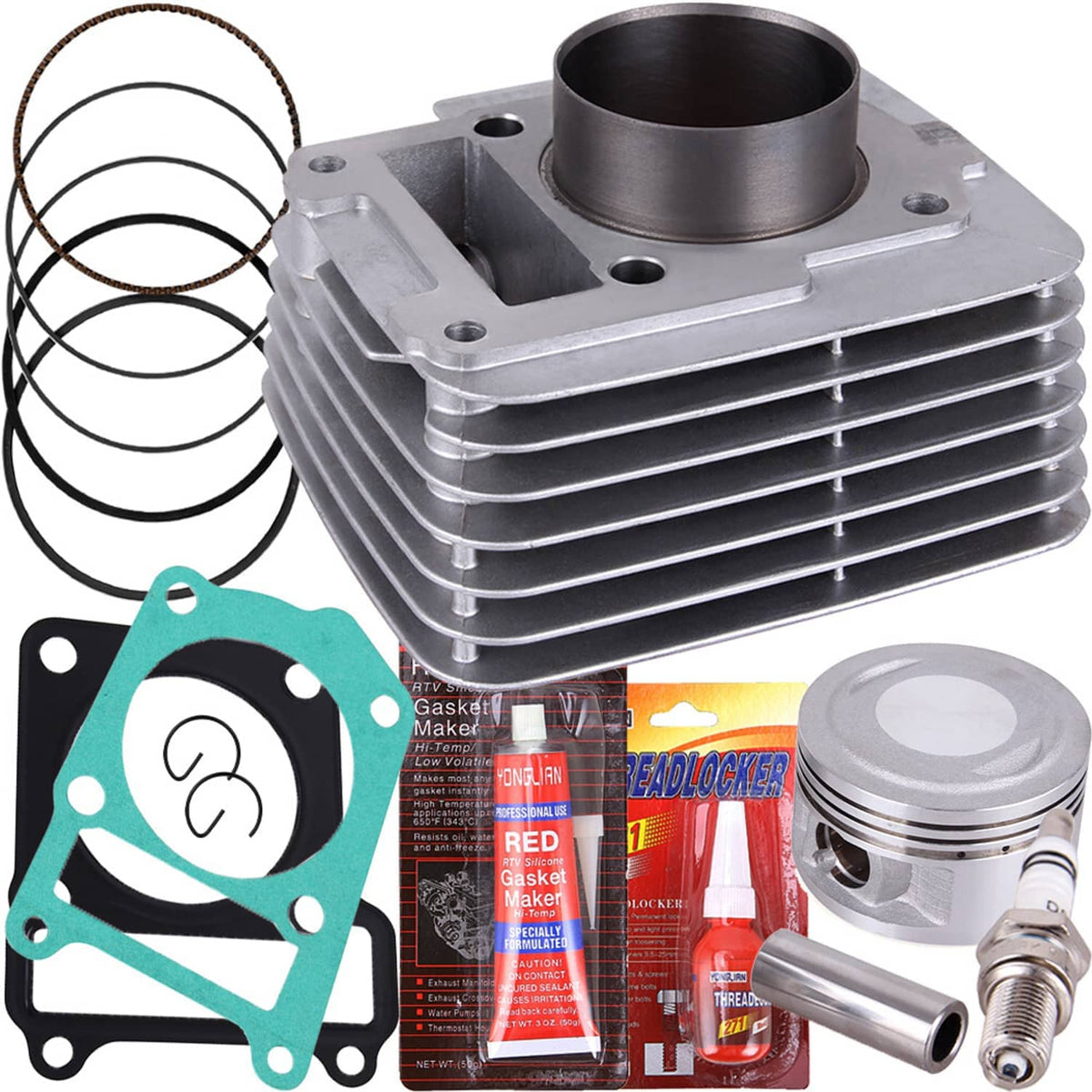 Aluminum cylinder kit with piston, piston rings, gaskets, and mounting hardware set