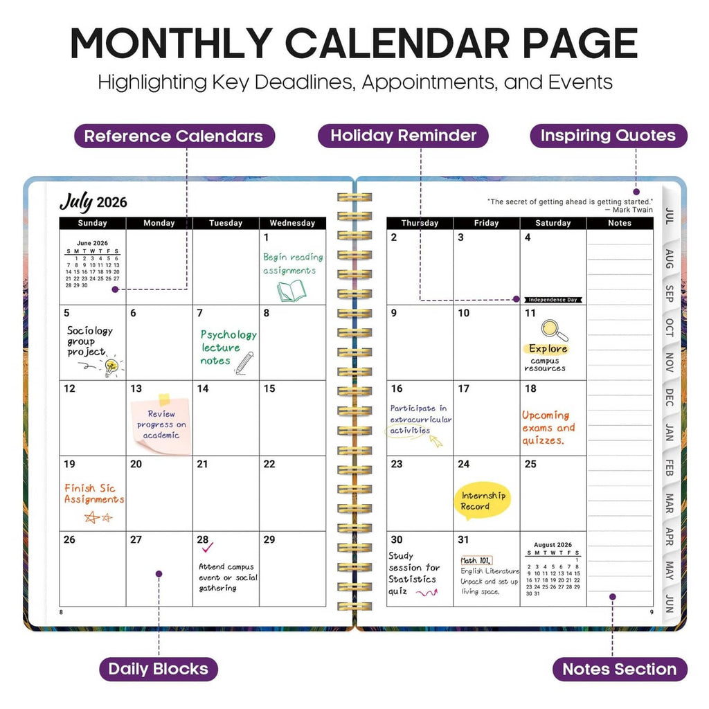 Academic planner open to monthly calendar page with notes and key dates layout
