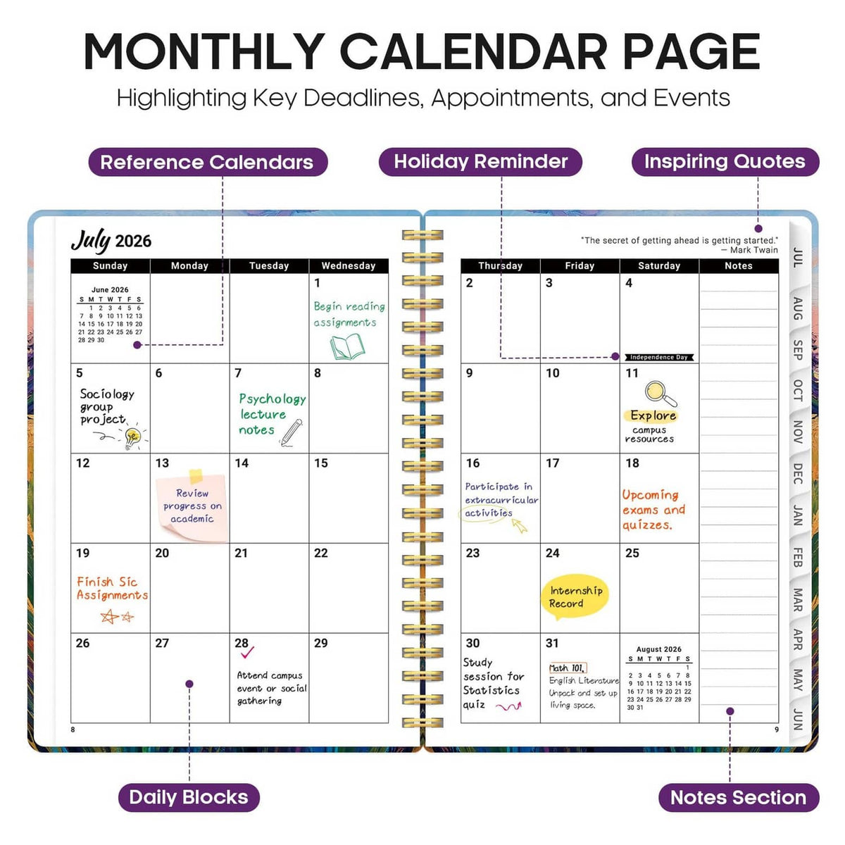Academic planner open to monthly calendar page with notes and key dates layout