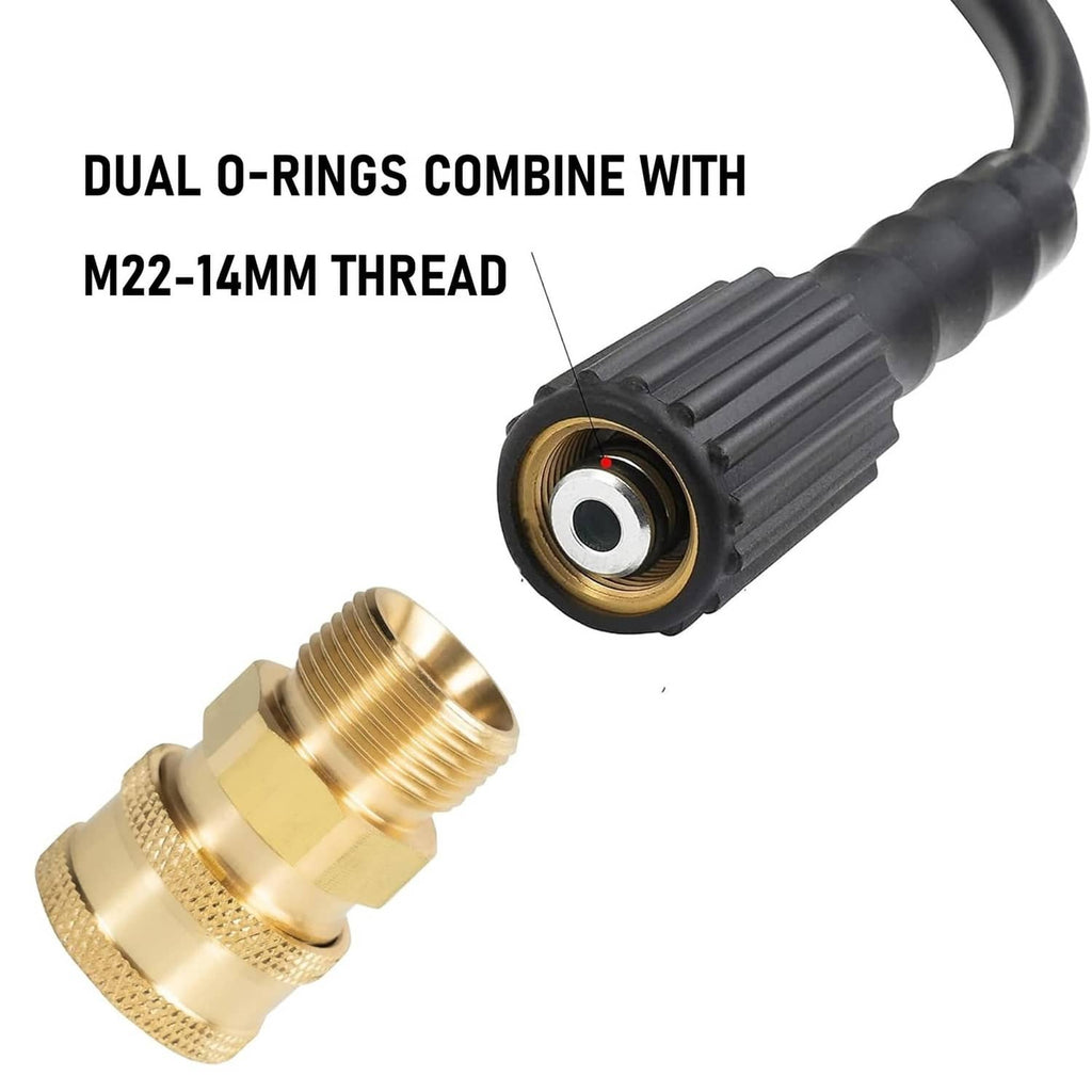 Brass pressure washer quick-connect fitting with black dual O-ring seal and threaded port