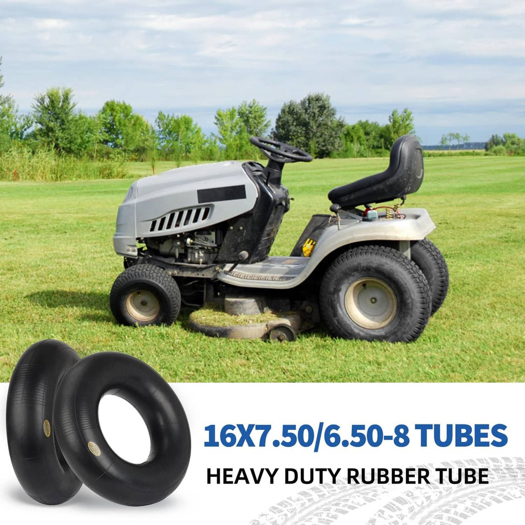 Two black heavy-duty rubber inner tubes, 16x7.50/6.50-8, TR-13 valves