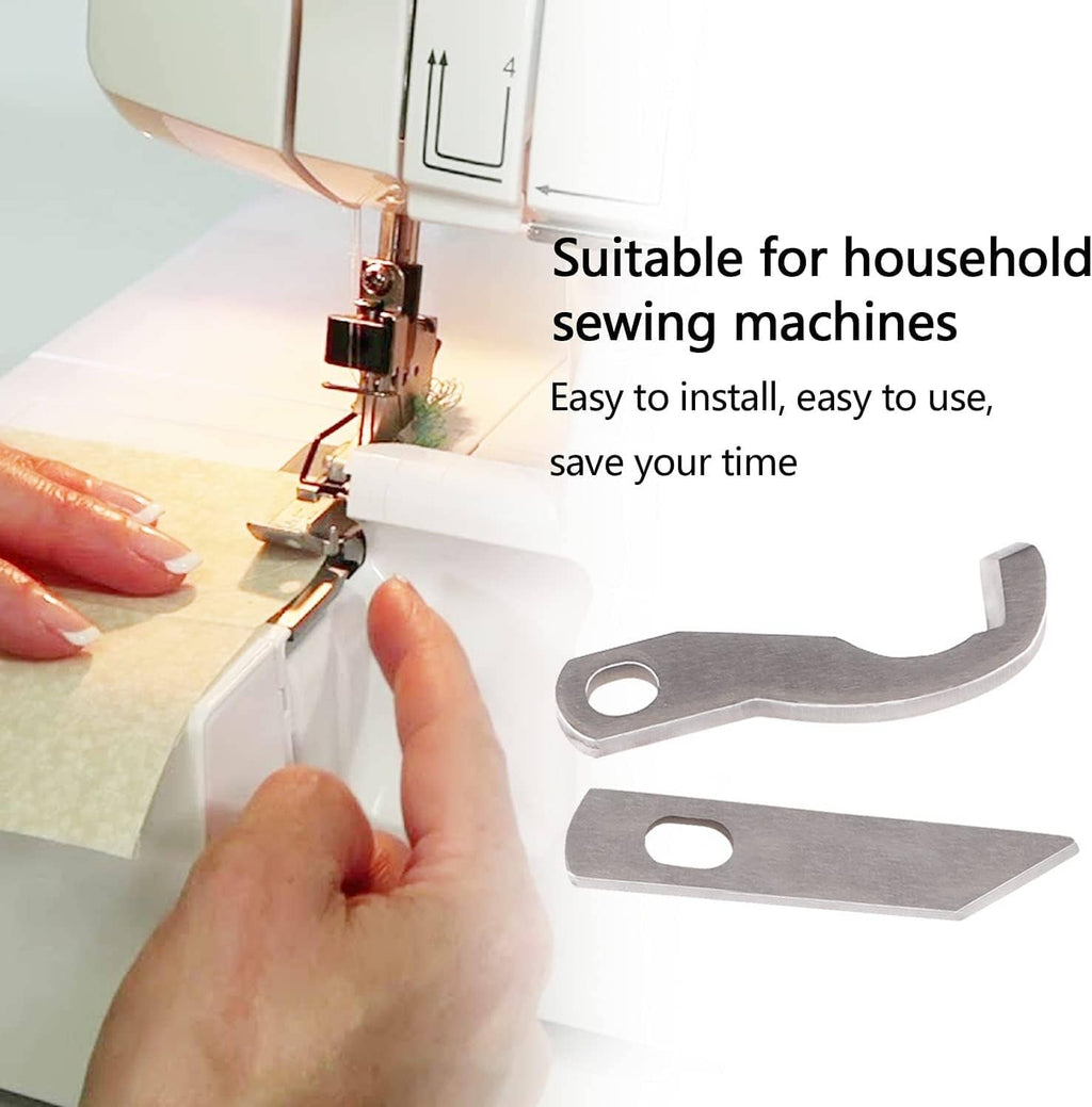 Stainless steel serger knife blades with oval mounting holes, shown beside sewing machine