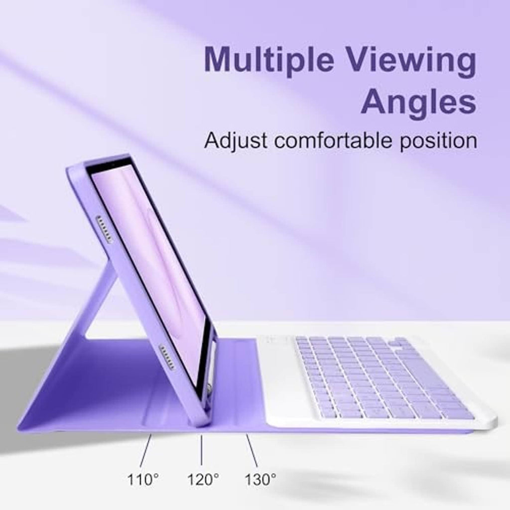 Purple tablet keyboard case on an adjustable stand for multiple viewing angles